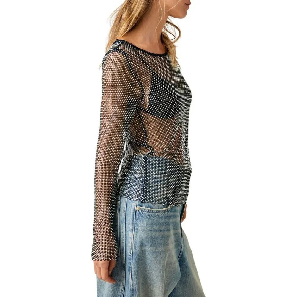 NWT Free People Rhinestone Sheer Mesh Scooped Back Top S| Sirencore Indie Sleaze - Picture 11 of 16
